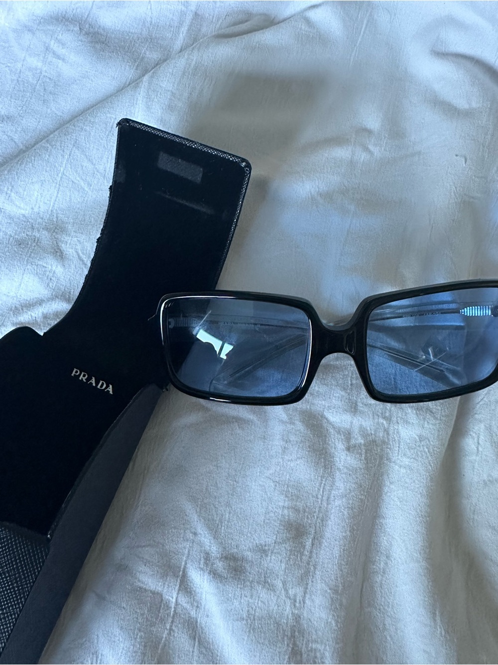 Prada Black Rectangular Sunglasses with Blue Lenses